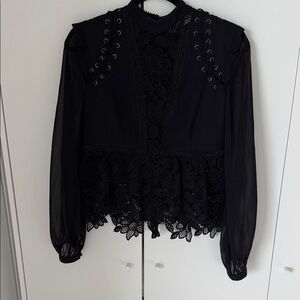 Self-Portrait Black Lace Blouse with Sheer Sleeves